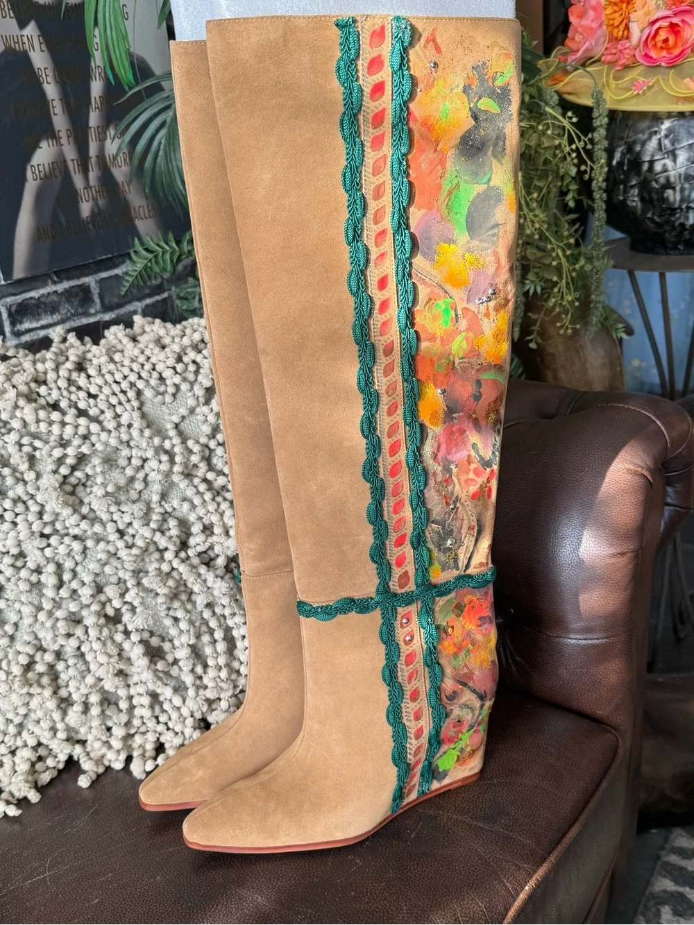 Custom Hand-Painted Beige Suede Boots green accent unique boho western boot